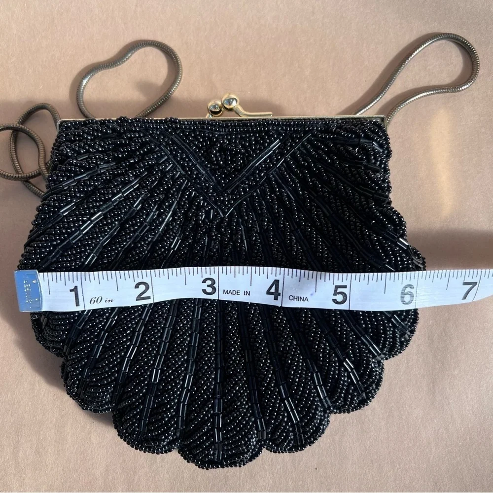 New Vintage Black Beaded Clamshell Mini Formal Purse - Picture 5 of 9